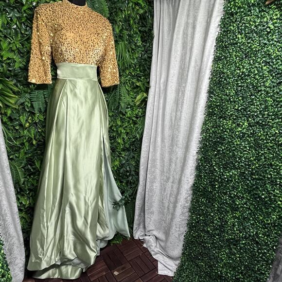 Elegant Dress Women 6 Gold Green High Neck Sequin Gown Layered Split Formal 2597 - Picture 9 of 9